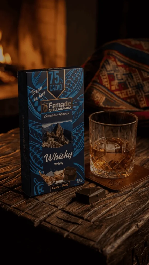 Barra de Chocolate Sabor Whisky 75% Cacao de 100 gramos, chocolate artesanal de Fama de Quillabamba