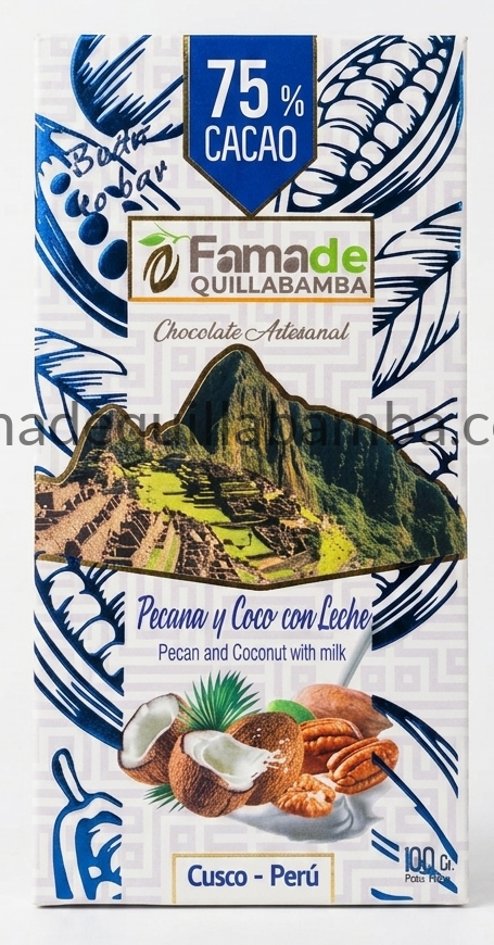 CHOCOLATE 75% - Chocolate con Pecanas, Coco y Leche - Barra 100 gr