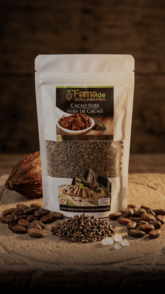 Nibs de cacao puro sin azúcar de Fama de Quillabamba, presentación 100g