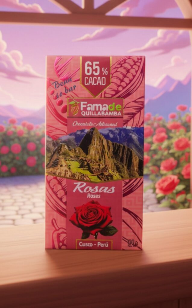 Barra de Chocolate con Rosas 65% Cacao de 100 gramos, chocolate artesanal de Fama de Quillabamba