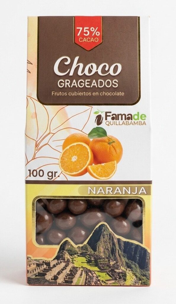 Bolsa de Naranja Confitada con Chocolate 75% Cacao de 100 gramos, snack artesanal de Fama de Quillabamba
