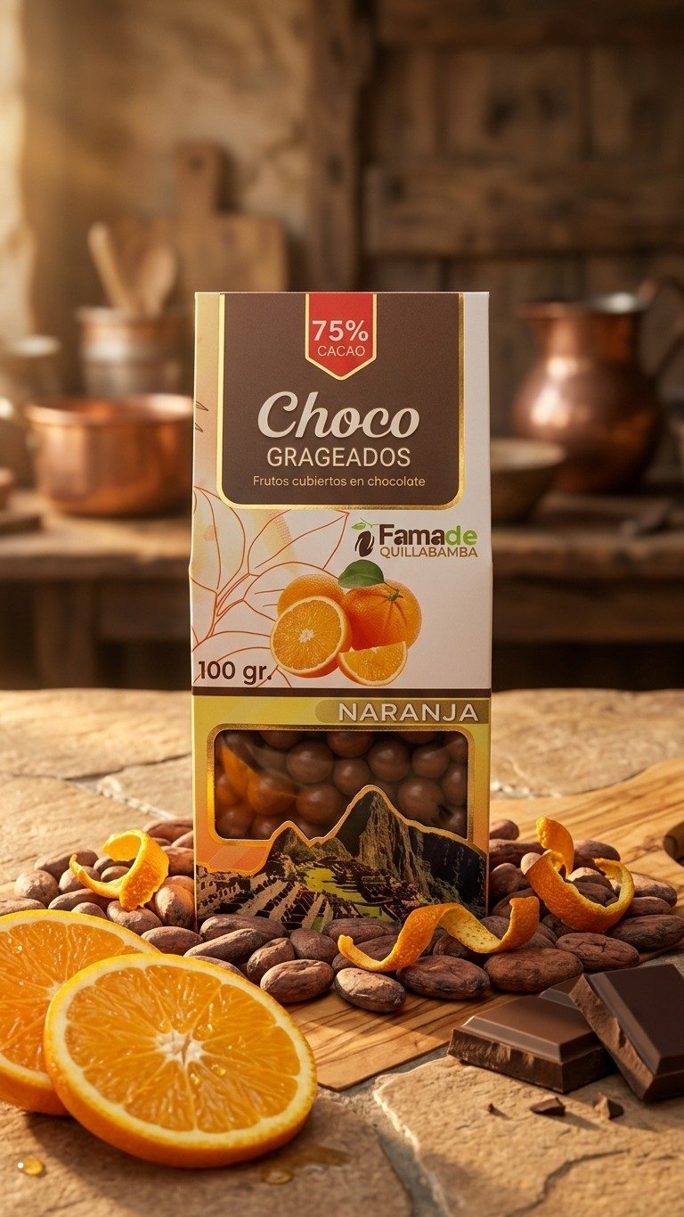 Bolsa de Naranja Confitada con Chocolate 75% Cacao de 100 gramos, snack artesanal de Fama de Quillabamba