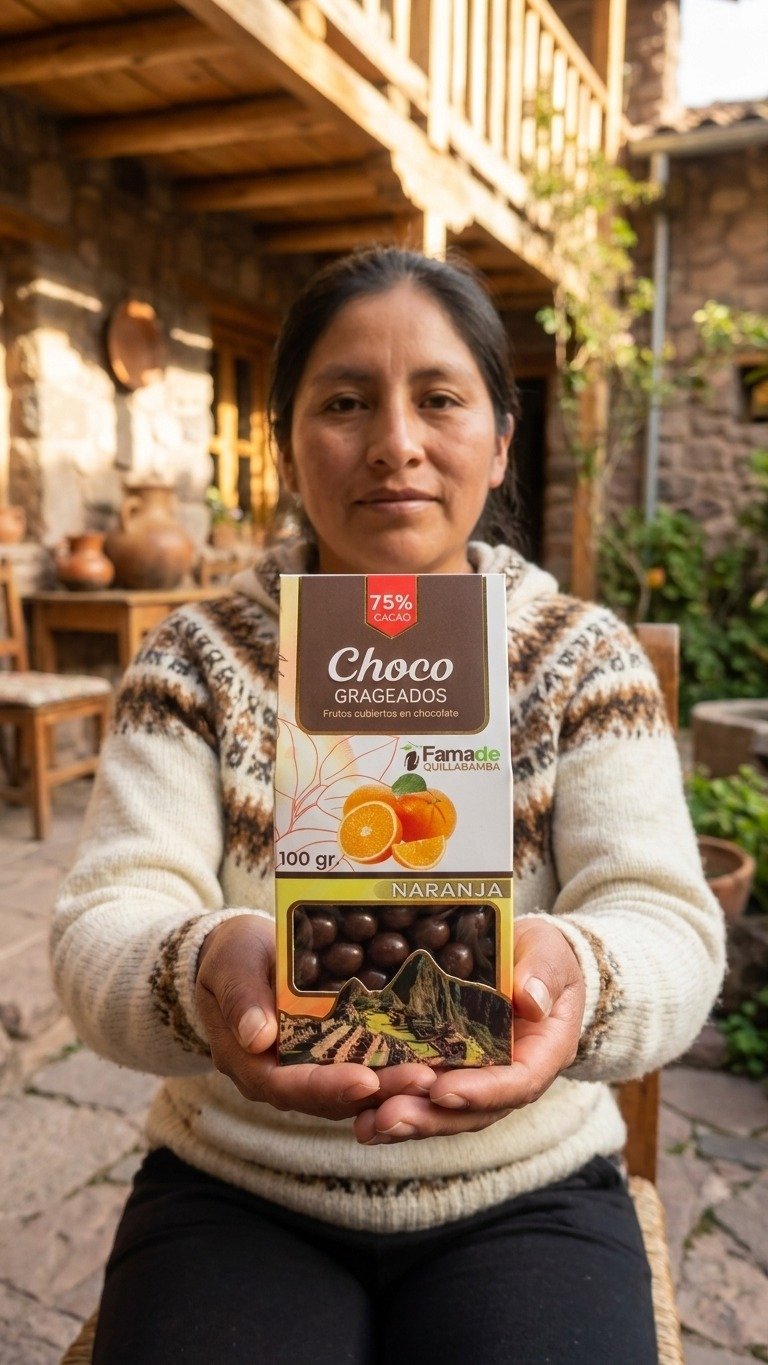 Productora artesanal de Quillabamba sosteniendo Naranja Confitada con Chocolate 75% Cacao, Fama de Quillabamba