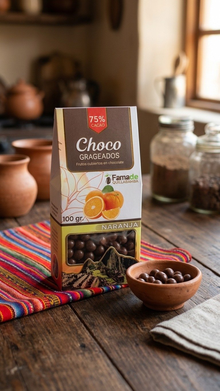 Naranja Confitada con Chocolate 75% Cacao junto a cacao y frutas frescas, ingredientes naturales de Quillabamba, Cusco