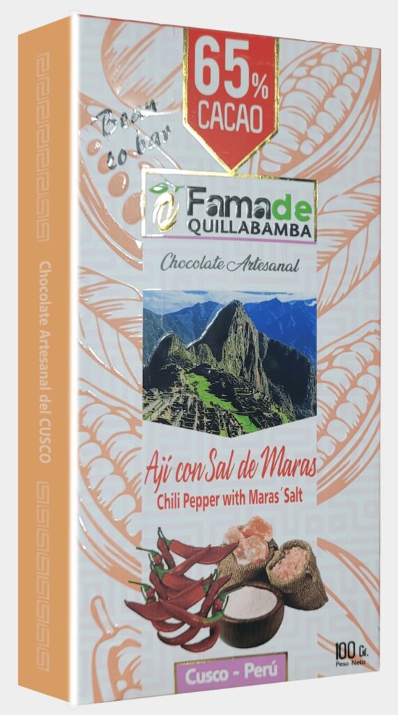 Barra de Chocolate con Ají y Sal de Maras 65% Cacao | Barra 100g de 100 gramos, chocolate artesanal de Fama de Quillabamba, Cusco