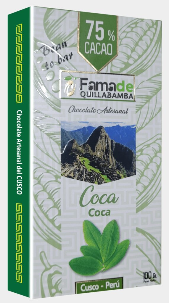 Barra de Chocolate con Hoja de Coca 75% Cacao | Barra 100g de 100 gramos, chocolate artesanal de Fama de Quillabamba, Cusco