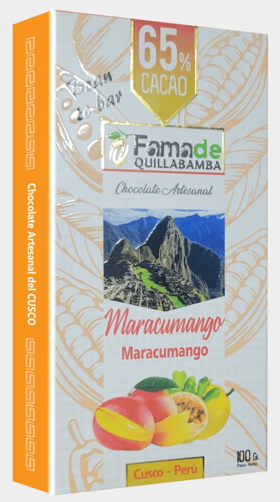 Barra de Chocolate con Maracuyá y Mango 65% Cacao | Barra 100g de 100 gramos, chocolate artesanal de Fama de Quillabamba, Cusco