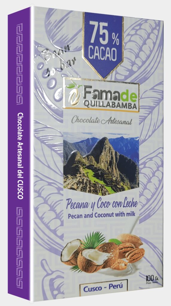 Barra de Chocolate con Pecanas, Coco y Leche 75% Cacao | Barra 100g de 100 gramos, chocolate artesanal de Fama de Quillabamba, Cusco