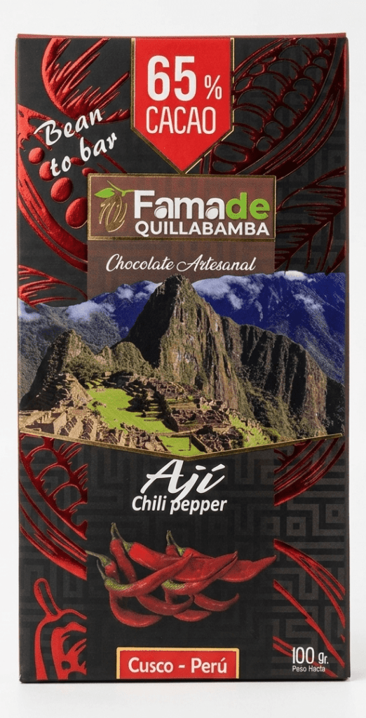Barra de Chocolate con Ají 65% Cacao | Barra Artesanal 100g de 100 gramos, chocolate artesanal de Fama de Quillabamba, Cusco
