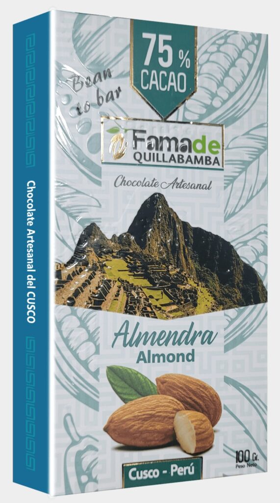 Barra de Chocolate con Almendras 75% Cacao | Barra Artesanal 100g de 100 gramos, chocolate artesanal de Fama de Quillabamba, Cusco