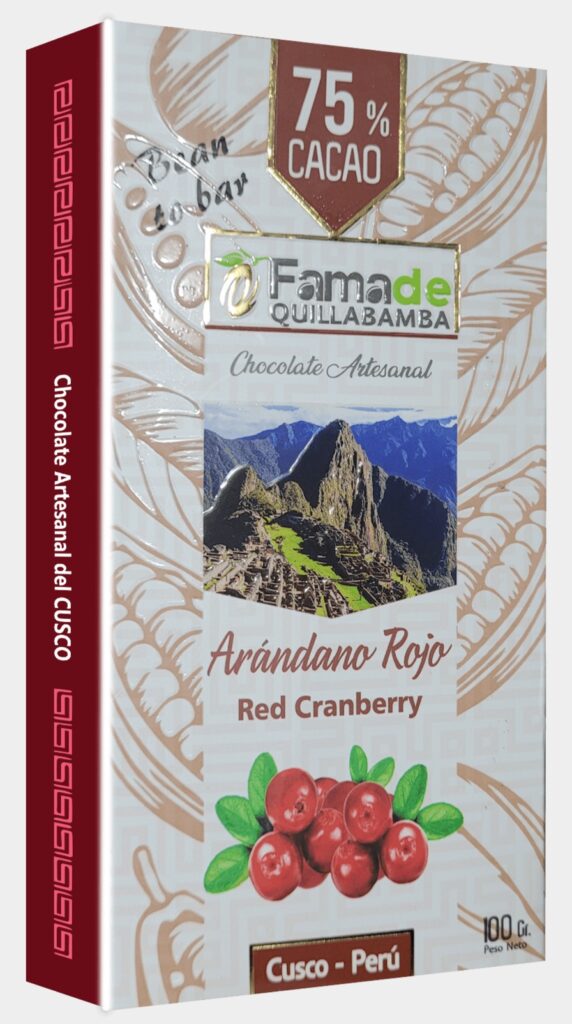 Barra de Chocolate con Arándano Rojo 75% Cacao | Barra 100g de 100 gramos, chocolate artesanal de Fama de Quillabamba, Cusco