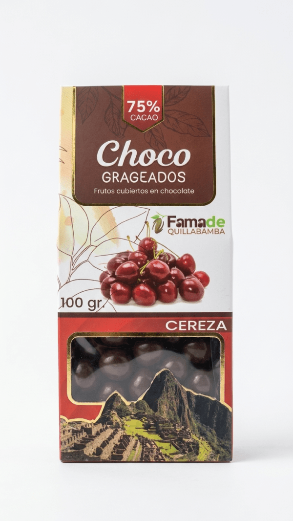 Bolsa de Cereza con Chocolate 75% Cacao de 100 gramos, snack artesanal de Fama de Quillabamba
