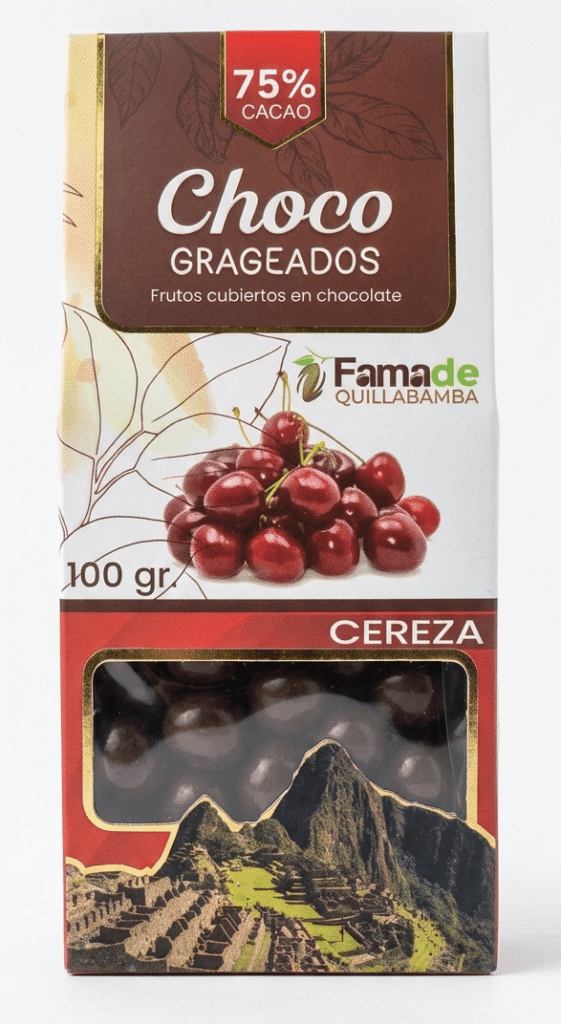 Bolsa de Cereza con Chocolate 75% Cacao de 100 gramos, snack artesanal de Fama de Quillabamba