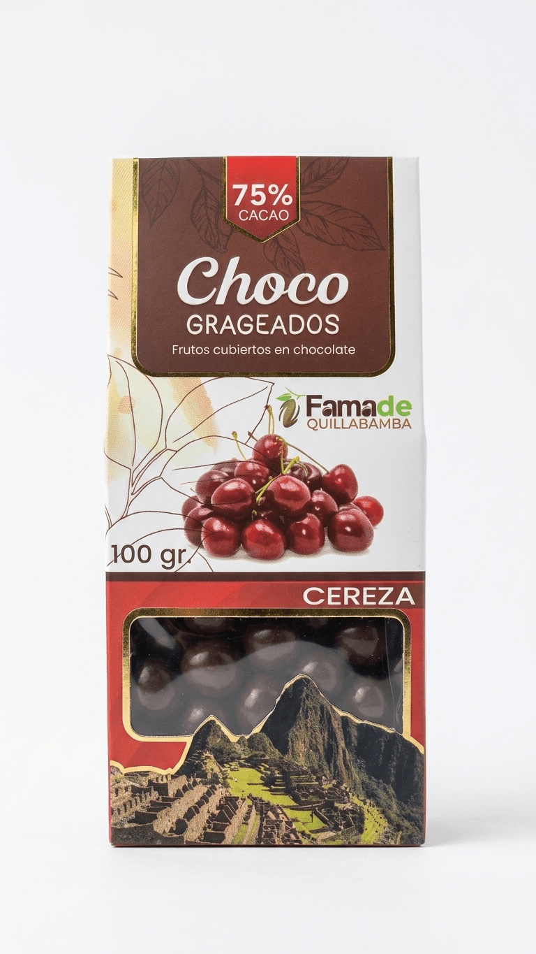 Bolsa de Cereza con Chocolate 75% Cacao de 100 gramos, snack artesanal de Fama de Quillabamba