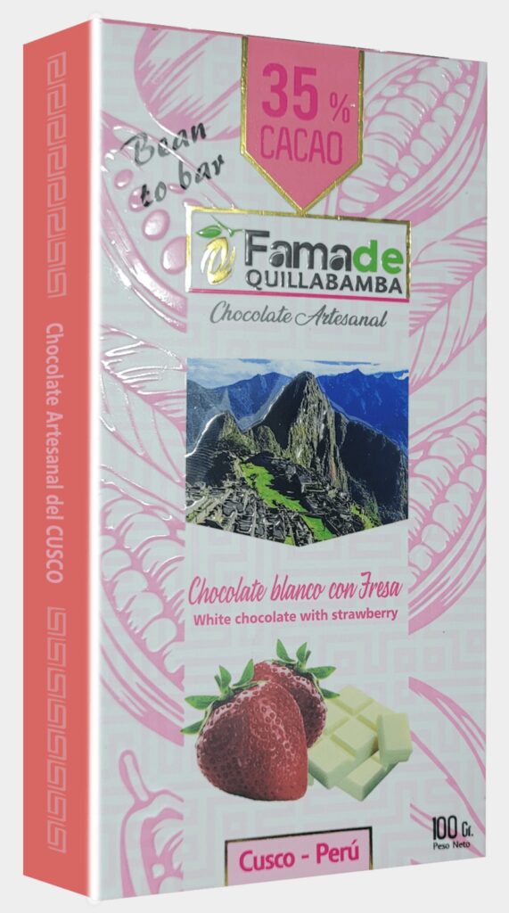 Barra de Chocolate Blanco con Fresa 35% Cacao | Barra 100g de 100 gramos, chocolate artesanal de Fama de Quillabamba, Cusco