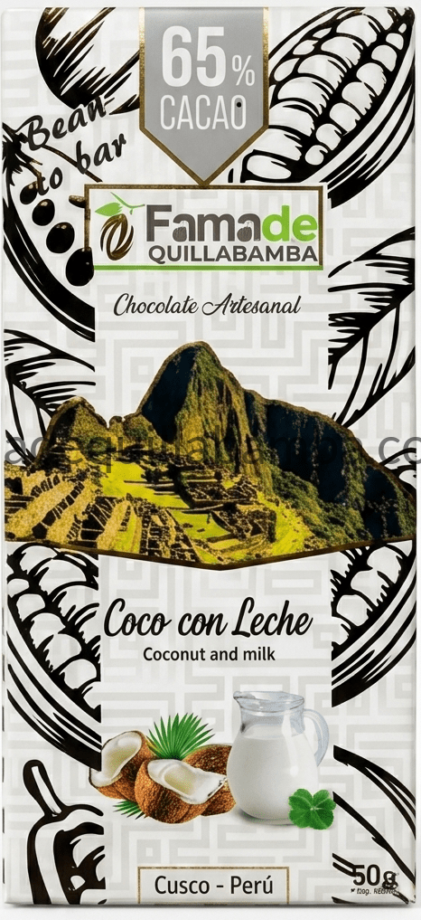 CHOCOLATE 65% - Chocolate con Coco y Leche - Barra 50 gr