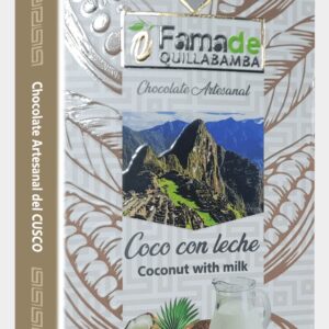 Barra de Chocolate con Coco y Leche 65% Cacao | Barra 100g de 100 gramos, chocolate artesanal de Fama de Quillabamba, Cusco
