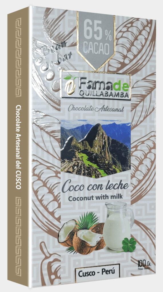 Barra de Chocolate con Coco y Leche 65% Cacao | Barra 100g de 100 gramos, chocolate artesanal de Fama de Quillabamba, Cusco