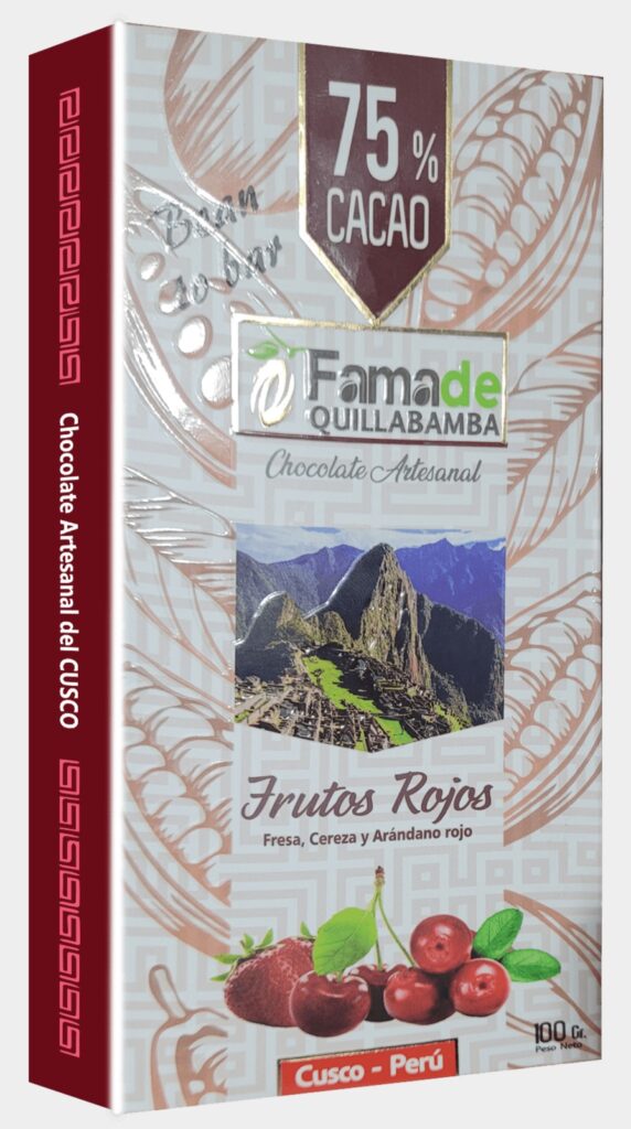 Barra de Chocolate con Frutos Rojos 75% Cacao | Barra 100g de 100 gramos, chocolate artesanal de Fama de Quillabamba, Cusco