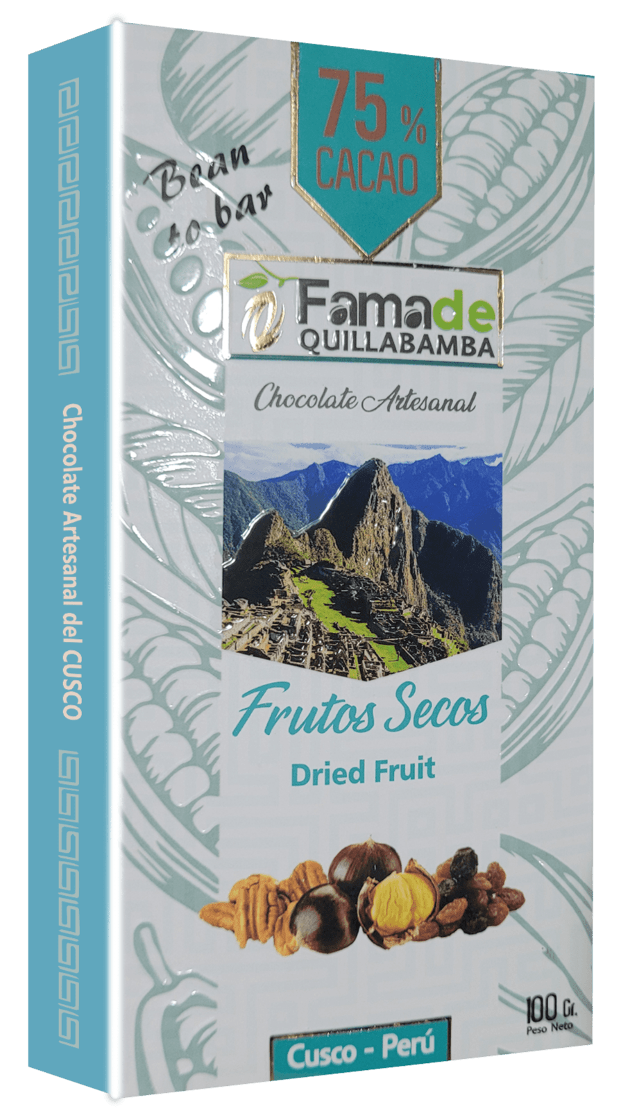 Barra de Chocolate con Frutos Secos 75% Cacao | Barra 100g de 100 gramos, chocolate artesanal de Fama de Quillabamba, Cusco