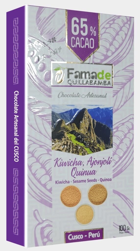 Barra de Chocolate con Kiwicha, Ajonjolí y Quinua 65% Cacao | Barra 100g de 100 gramos, chocolate artesanal de Fama de Quillabamba, Cusco