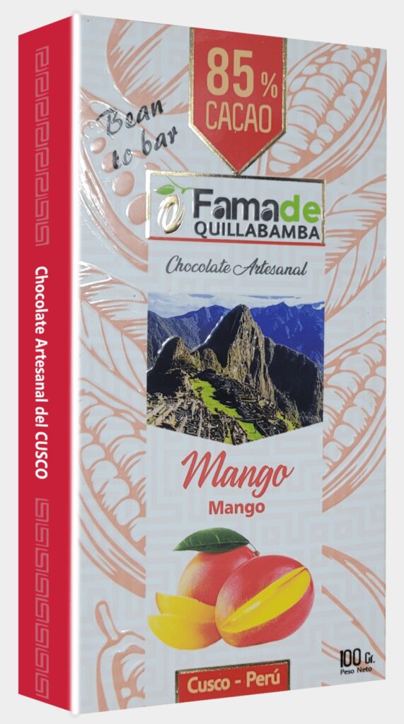 Barra de Chocolate con Mango 85% Cacao | Barra 100g de 100 gramos, chocolate artesanal de Fama de Quillabamba, Cusco