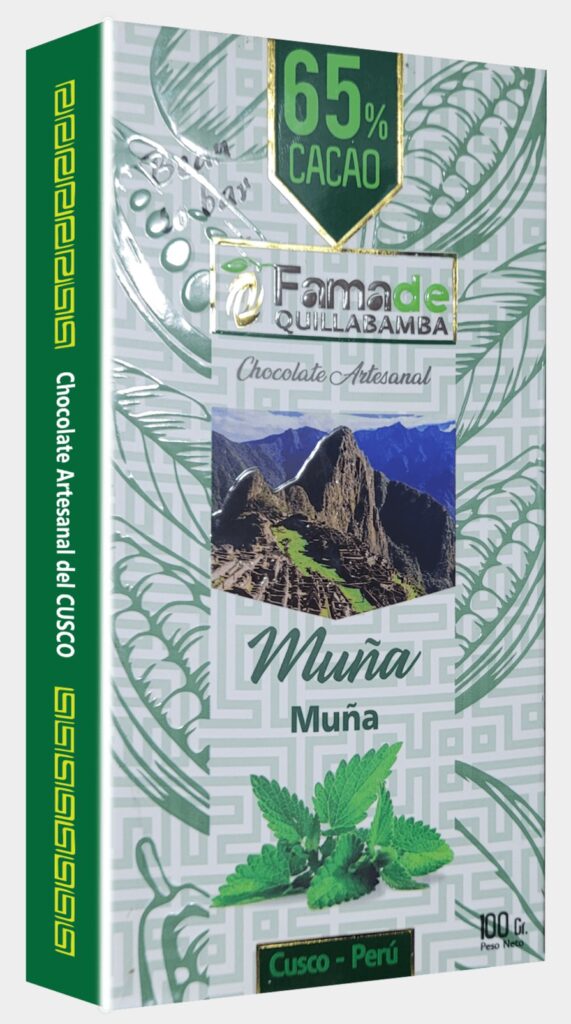 Barra de Chocolate con Muña 65% Cacao | Barra 100g de 100 gramos, chocolate artesanal de Fama de Quillabamba, Cusco