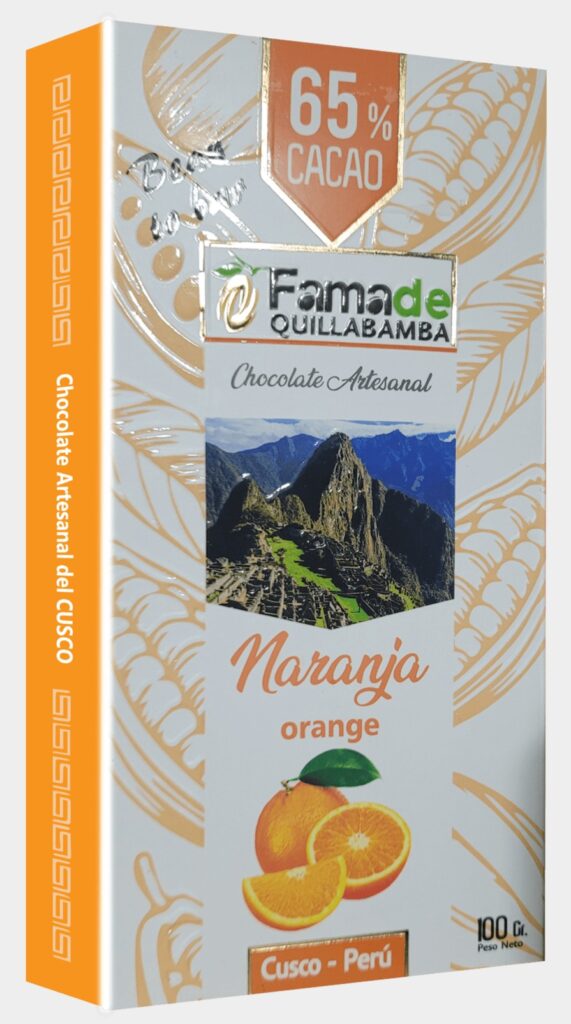 Barra de Chocolate con Naranja 65% Cacao | Barra Artesanal 100g de 100 gramos, chocolate artesanal de Fama de Quillabamba, Cusco
