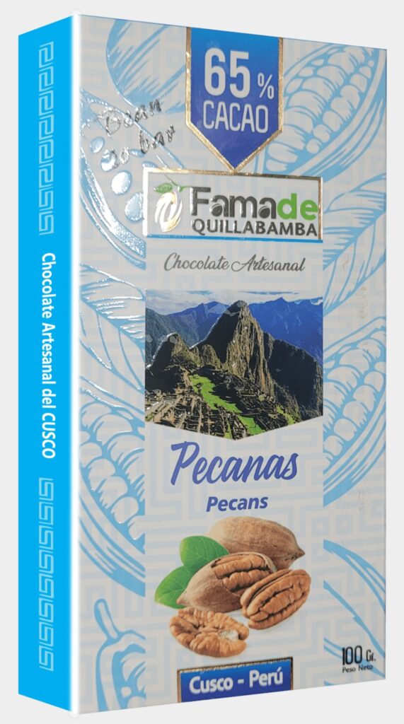 Barra de Chocolate con Pecanas 65% Cacao | Barra 100g de 100 gramos, chocolate artesanal de Fama de Quillabamba, Cusco