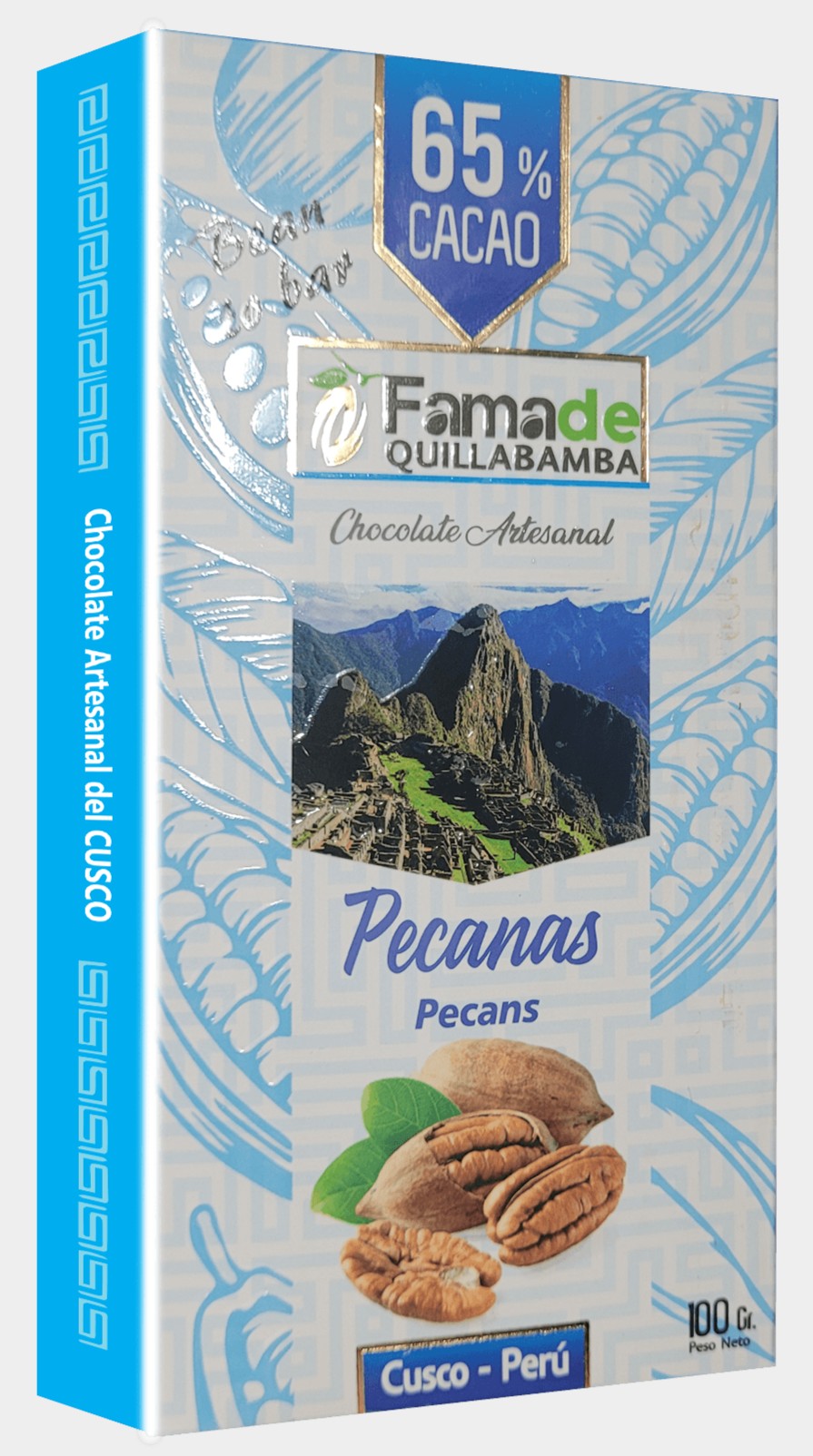 Barra de Chocolate con Pecanas 65% Cacao | Barra 100g de 100 gramos, chocolate artesanal de Fama de Quillabamba, Cusco