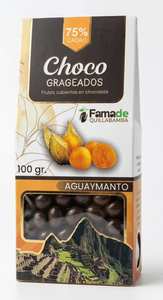 Bolsa de Aguaymanto con Chocolate 75% Cacao de 100 gramos, snack artesanal de Fama de Quillabamba
