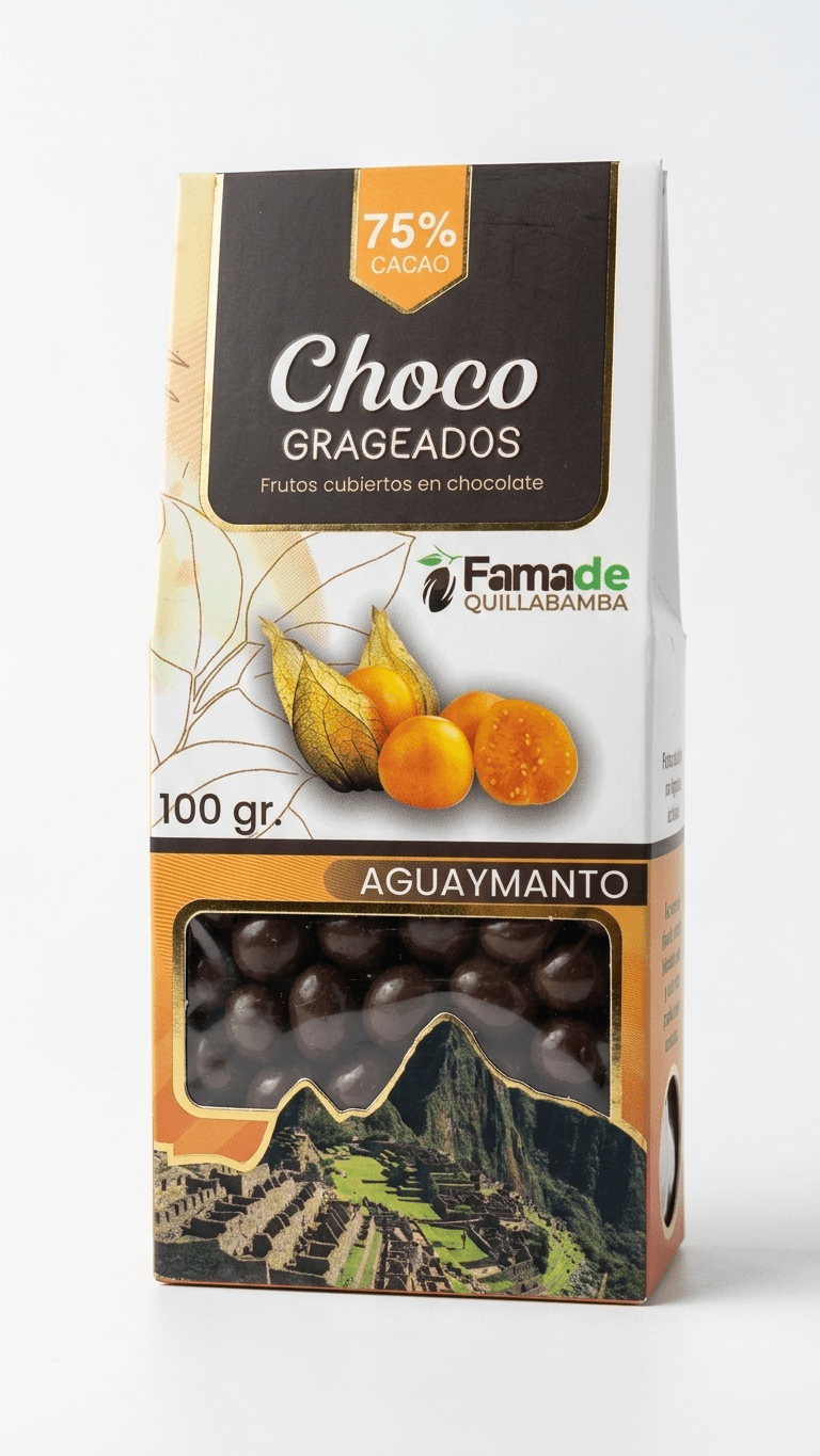 Bolsa de Aguaymanto con Chocolate 75% Cacao de 100 gramos, snack artesanal de Fama de Quillabamba