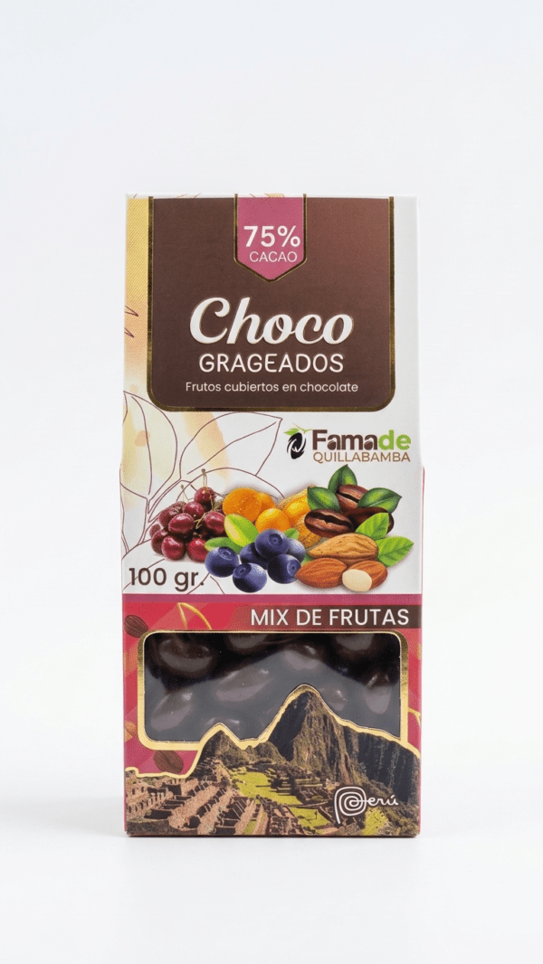 Bolsa de Mix de Frutas con Chocolate 75% Cacao de 100 gramos, snack artesanal de Fama de Quillabamba