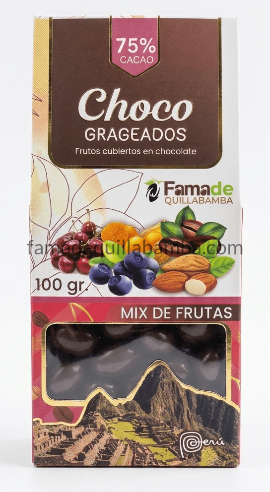 Bolsa de Mix de Frutas con Chocolate 75% Cacao de 100 gramos, snack artesanal de Fama de Quillabamba