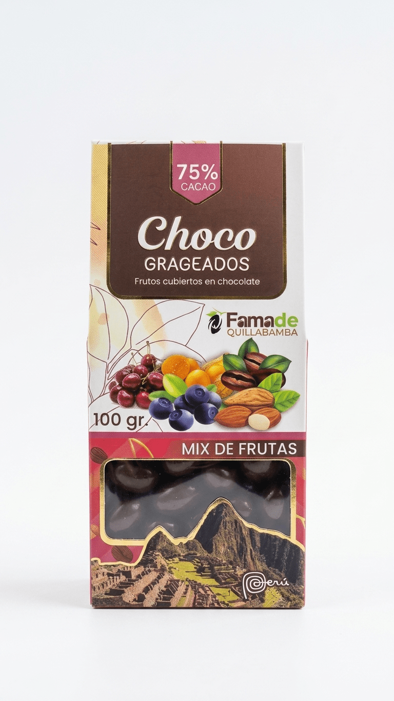 Bolsa de Mix de Frutas con Chocolate 75% Cacao de 100 gramos, snack artesanal de Fama de Quillabamba