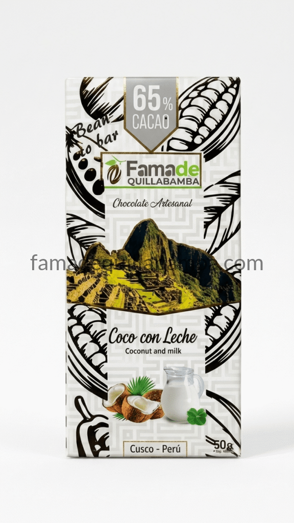 Chocolate con Coco y Leche 65% Cacao - Barra Artesanal Fama de Quillabamba 50g