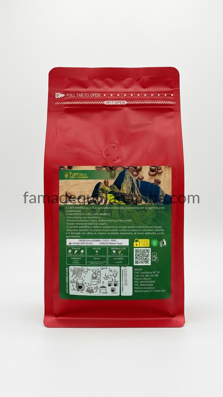 Etiqueta trasera de Café Extra Orgánico 500g con información nutricional y código QR
