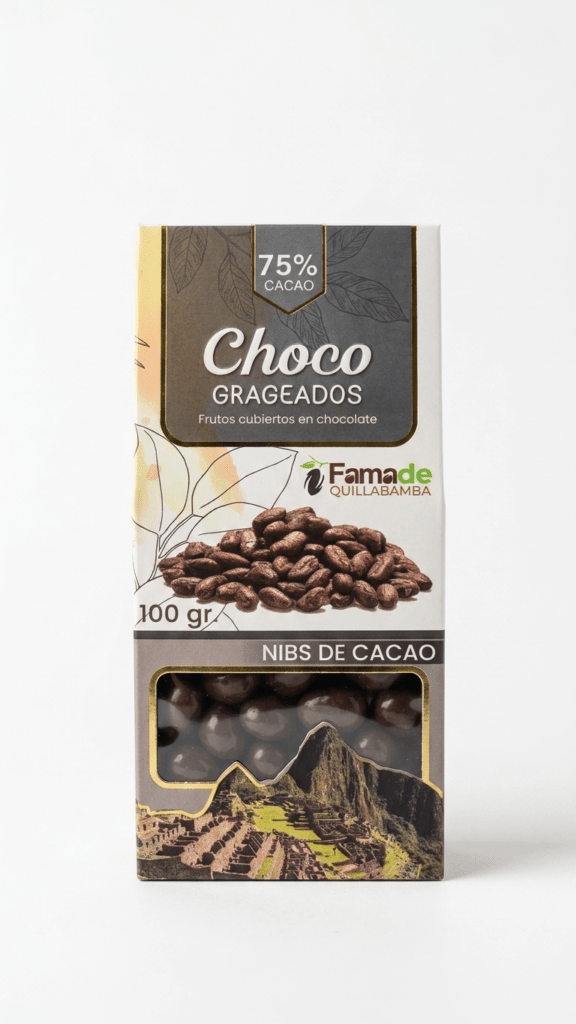 Bolsa de Nibs de Cacao con Chocolate 75% Cacao de 100 gramos, snack artesanal de Fama de Quillabamba