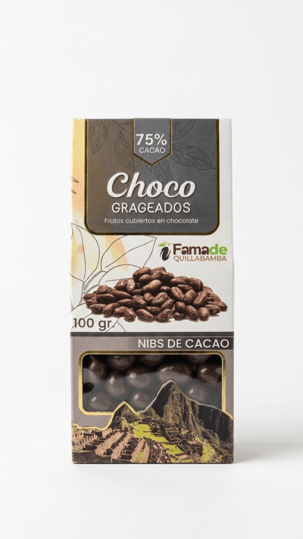 Bolsa de Nibs de Cacao con Chocolate 75% Cacao de 100 gramos, snack artesanal de Fama de Quillabamba