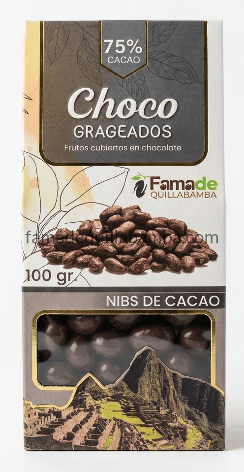 Bolsa de Nibs de Cacao con Chocolate 75% Cacao de 100 gramos, snack artesanal de Fama de Quillabamba