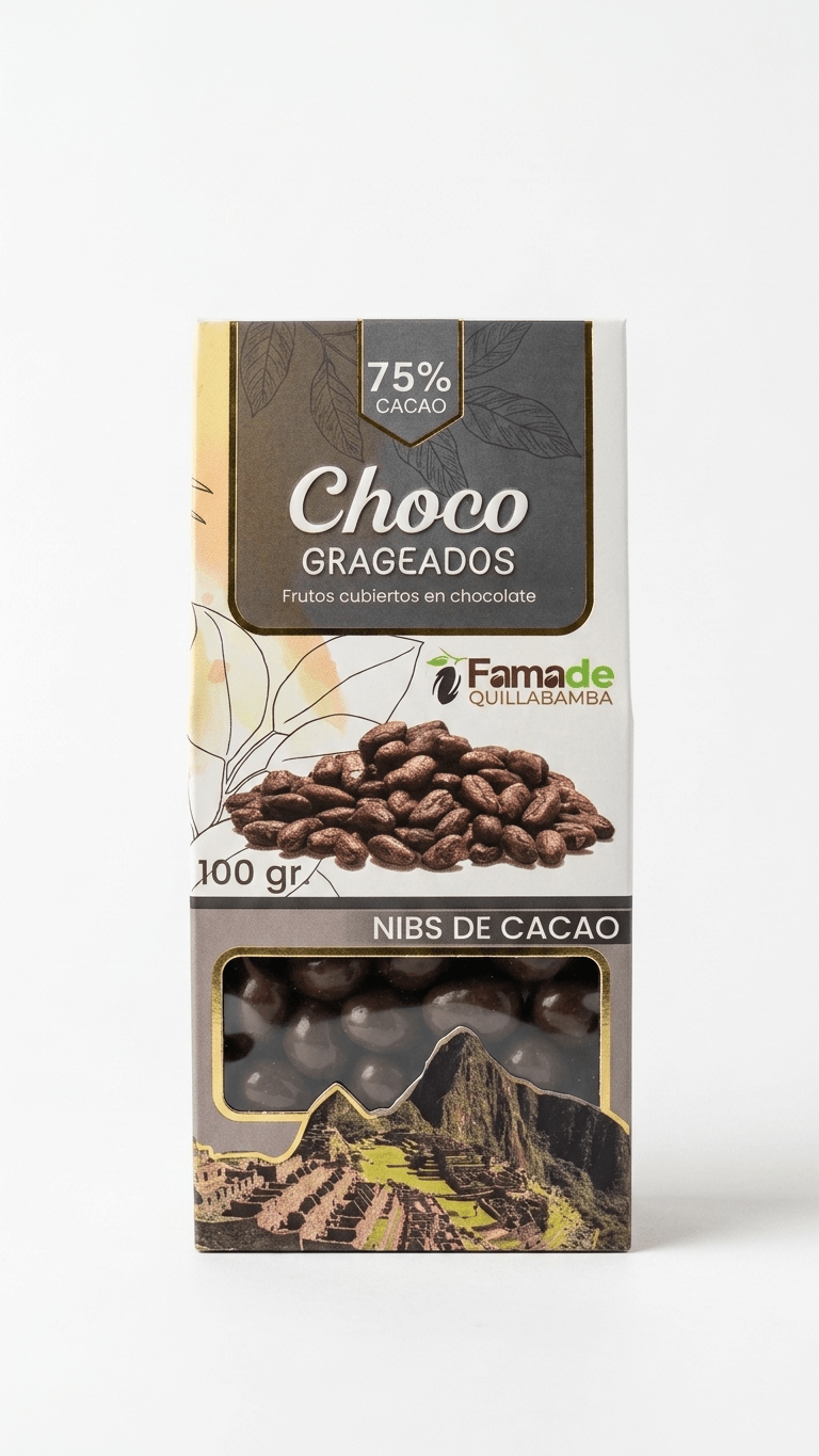 Bolsa de Nibs de Cacao con Chocolate 75% Cacao de 100 gramos, snack artesanal de Fama de Quillabamba