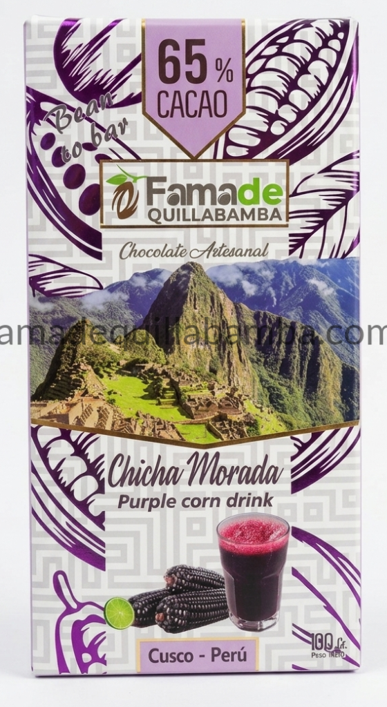 Chocolate con Chicha Morada 65% Cacao - Barra Artesanal 100g | Fama de Quillabamba