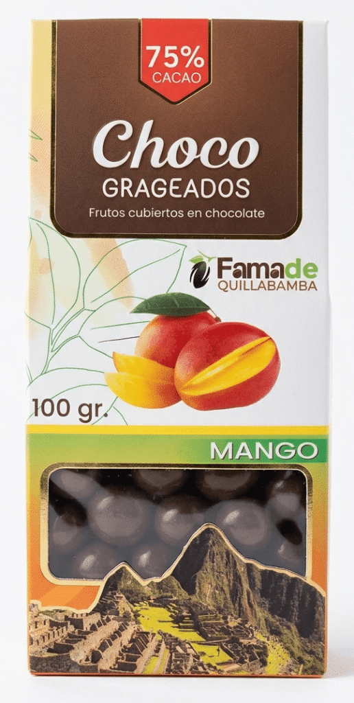 Bolsa de Mango con Chocolate 75% Cacao de 100 gramos, snack artesanal de Fama de Quillabamba