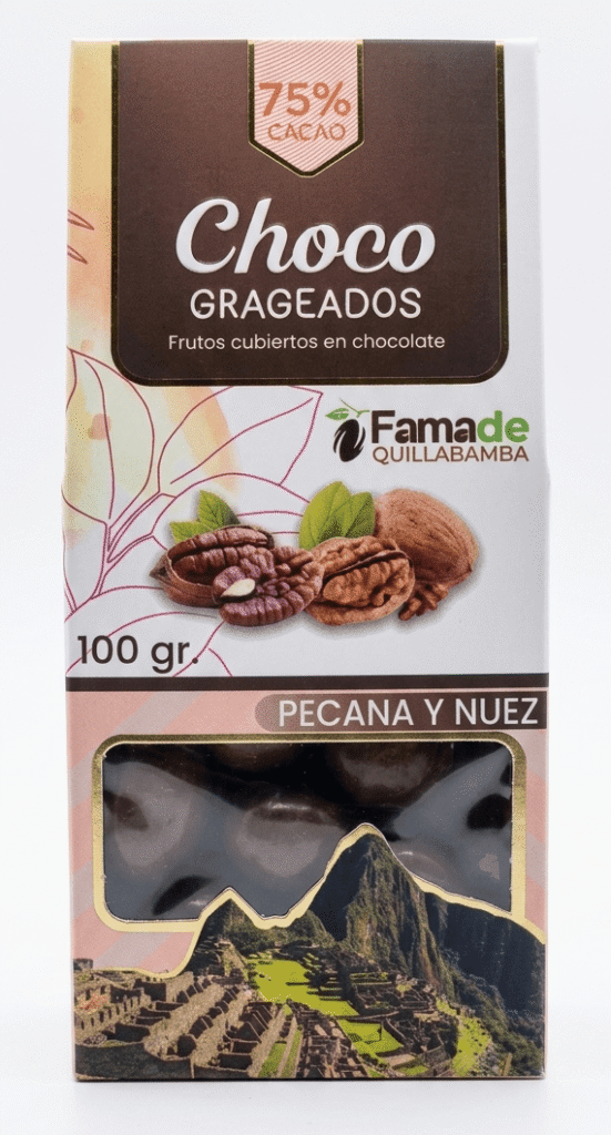 Bolsa de Pecanas y Nueces con Chocolate 75% Cacao de 100 gramos, snack artesanal de Fama de Quillabamba