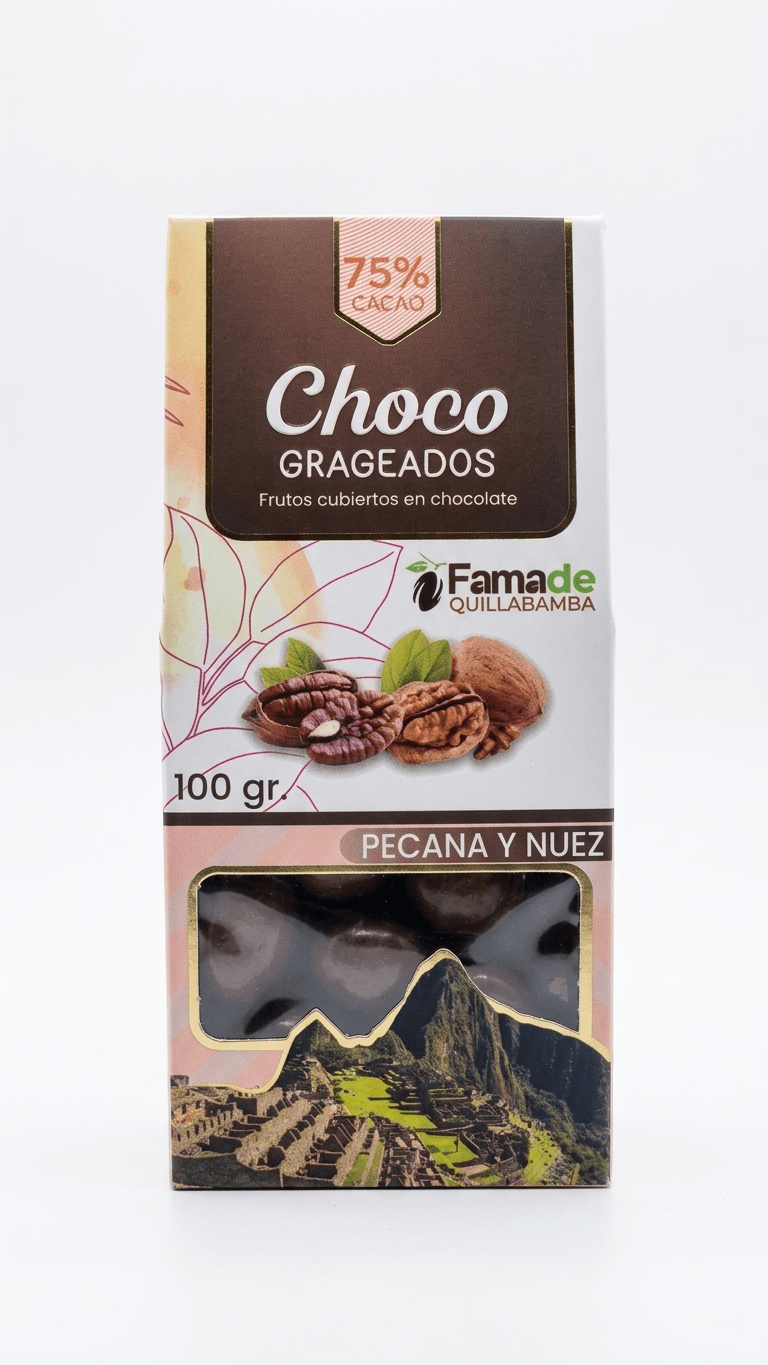 Bolsa de Pecanas y Nueces con Chocolate 75% Cacao de 100 gramos, snack artesanal de Fama de Quillabamba