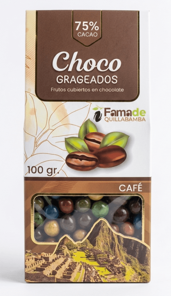 Bolsa de Granos de Café con Chocolate 75% Cacao de 100 gramos, snack artesanal de Fama de Quillabamba