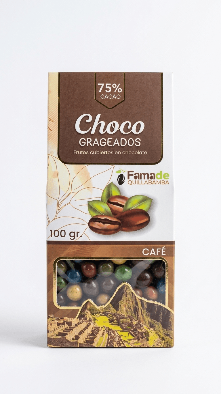 Bolsa de Granos de Café con Chocolate 75% Cacao de 100 gramos, snack artesanal de Fama de Quillabamba