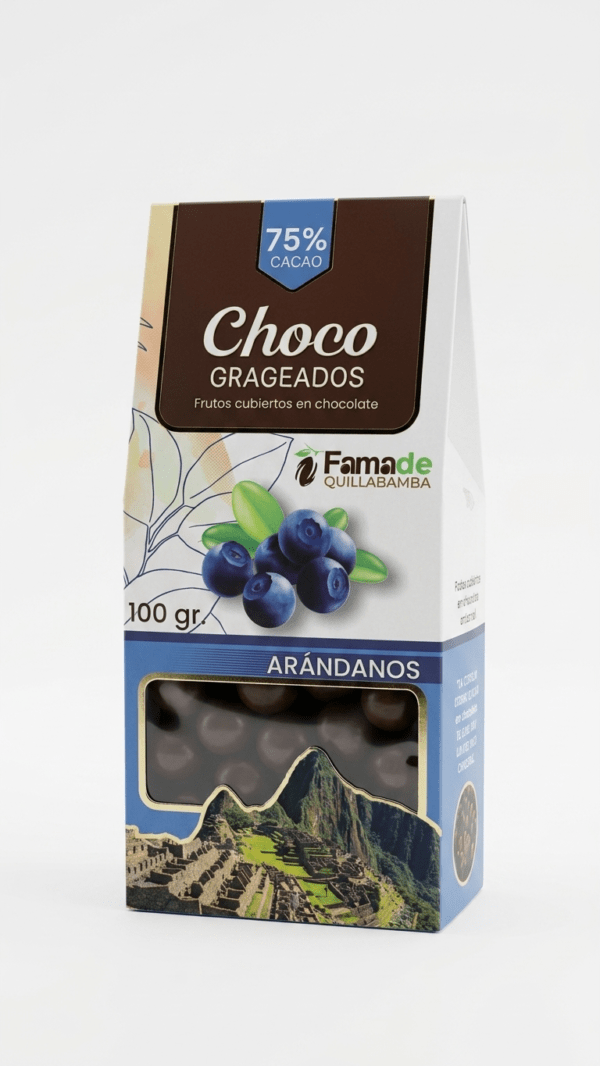 Bolsa de Arándanos con Chocolate 75% Cacao de 100 gramos, snack artesanal de Fama de Quillabamba