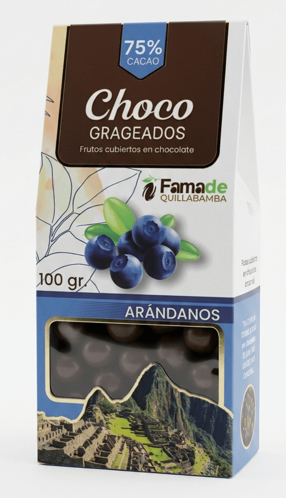 Bolsa de Arándanos con Chocolate 75% Cacao de 100 gramos, snack artesanal de Fama de Quillabamba