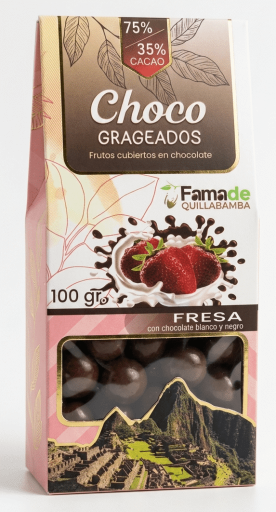 Bolsa de Fresa con Chocolate 75% Cacao de 100 gramos, snack artesanal de Fama de Quillabamba